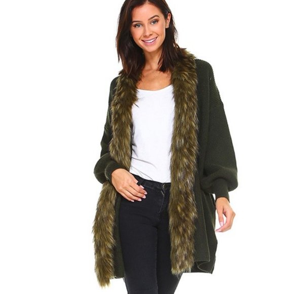 Olive  Faux Fur Collar Long Sleeve Cardigan - Picture 2 of 6